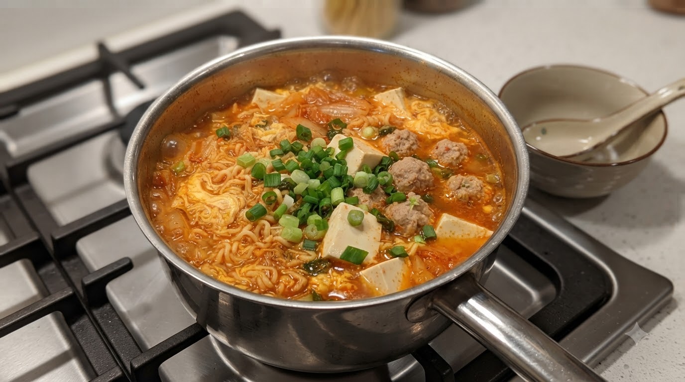 Bulgoczący garnek kimchi Shin Ramyun wypełniony klopsikami, kostkami miękkiego tofu, jajkiem i świeżą dymką