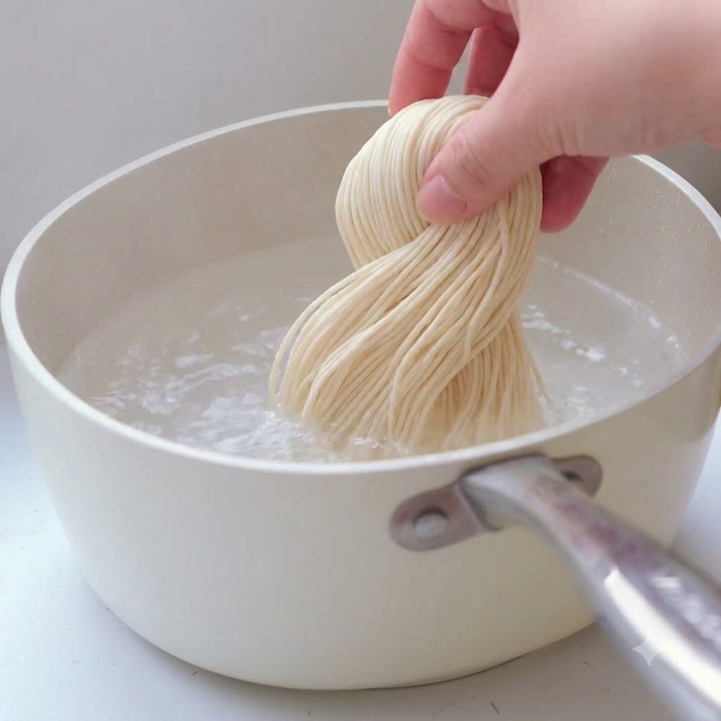 Wiązka makaronu ramen opuszczana do garnka z wrzącą wodą.