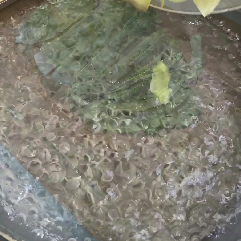 Posiekana kapusta i rzodkiew gotujące się w garnku z wodą.