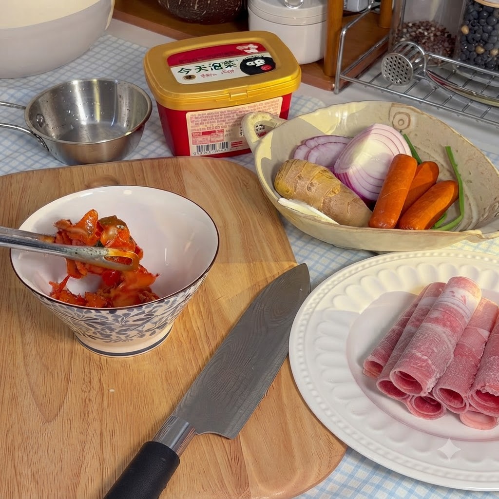 Kawałki kimchi cięte nożyczkami kuchennymi w ozdobnej ceramicznej misce.