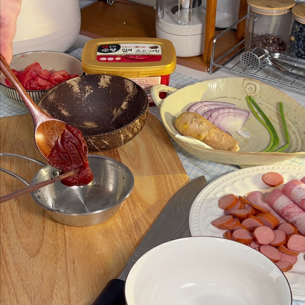 Koreańska pasta chili i inne przyprawy mieszane razem w małej metalowej miseczce.