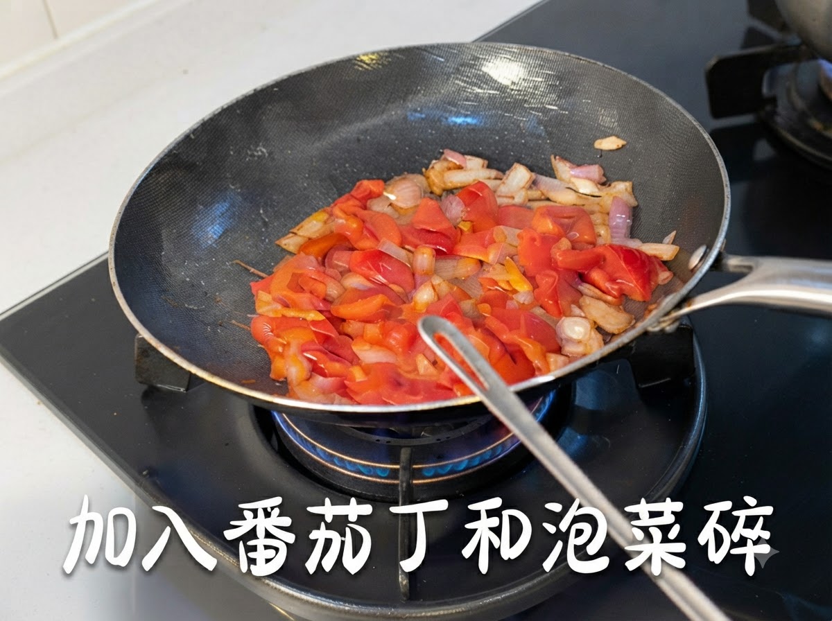 Pokrojone pomidory i posiekane kimchi smażone z cebulą na patelni.