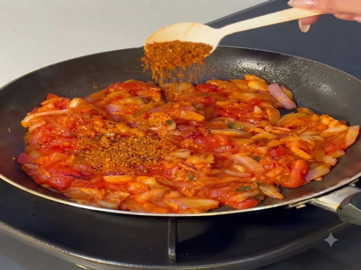 Łyżeczka chili w proszku posypywana na mieszankę pomidorów i cebuli.
