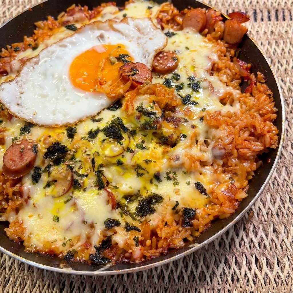 Warstwa topionego sera i starty ser mozzarella obficie posypane na wierzch gulaszu ryżowego z kimchi na patelni.