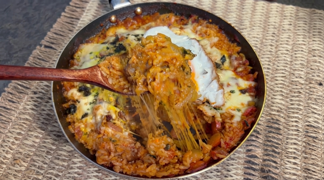 Gulasz ryżowy z kimchi, wołowiną i serem