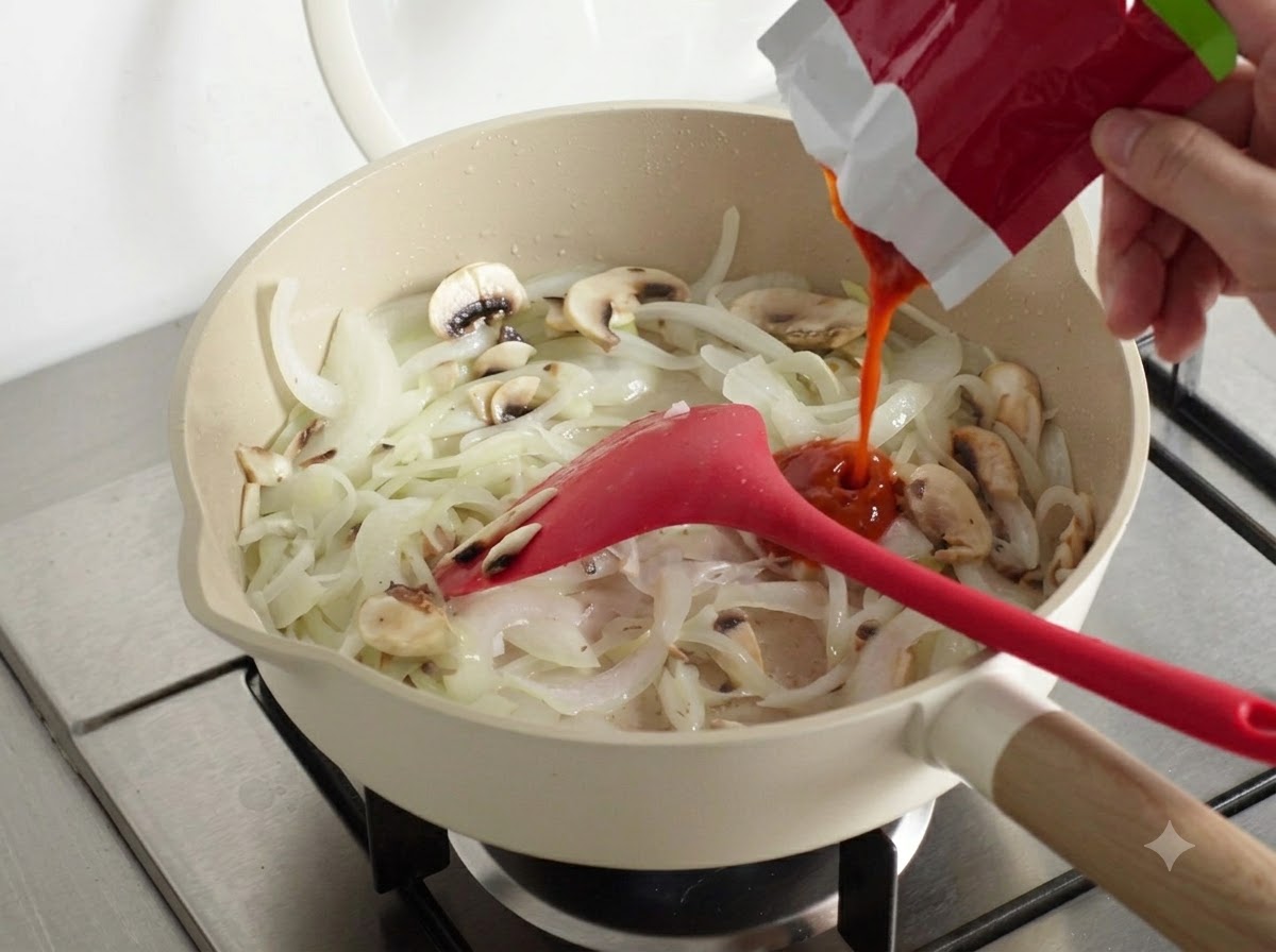Pakowane kimchi wlewane bezpośrednio na patelnię z warzywami.