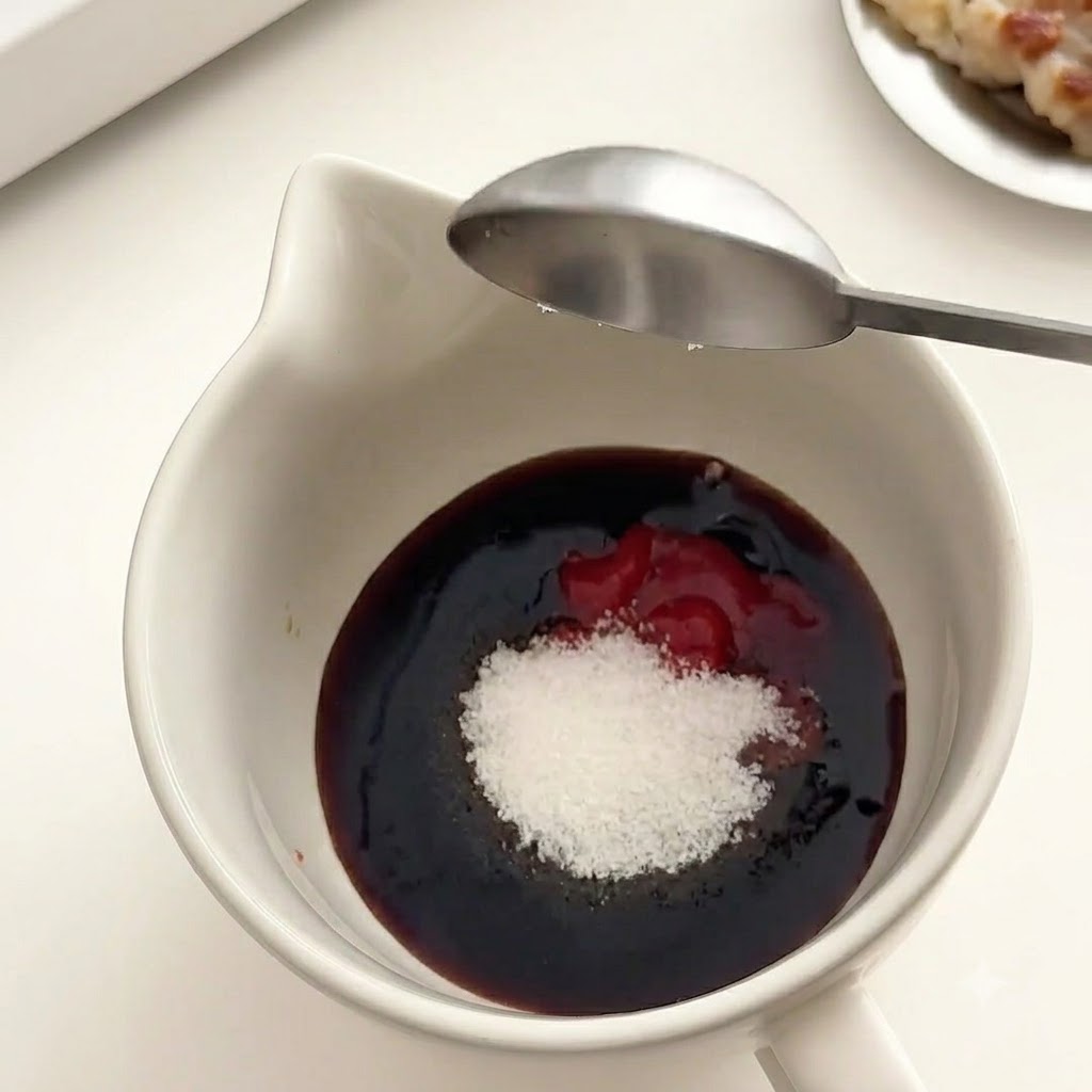 Łyżka gęstej, czerwonej koreańskiej pasty chili i białego cukru dodawana do miski z sosem.