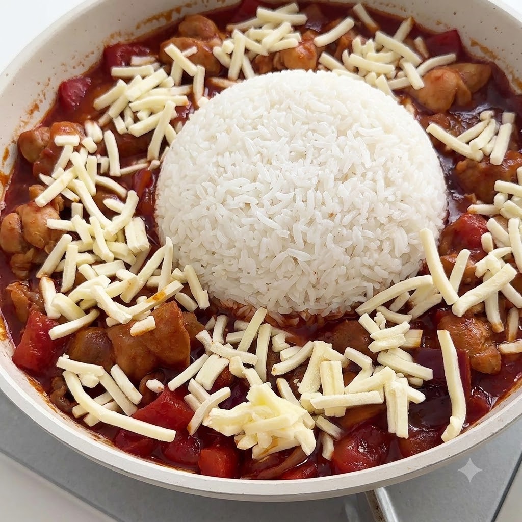 Starty ser mozzarella rozsypany równomiernie wokół centralnej kopuły białego ryżu na patelni z czerwonym sosem.