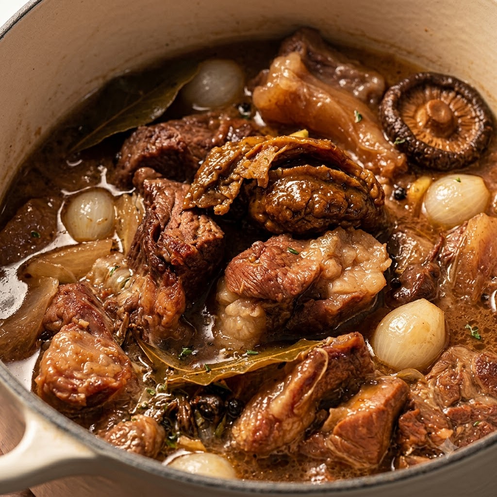 Gęsta pasta curry dodawana do garnka z ugotowanym mostkiem wołowym i cebulą w bulionie.