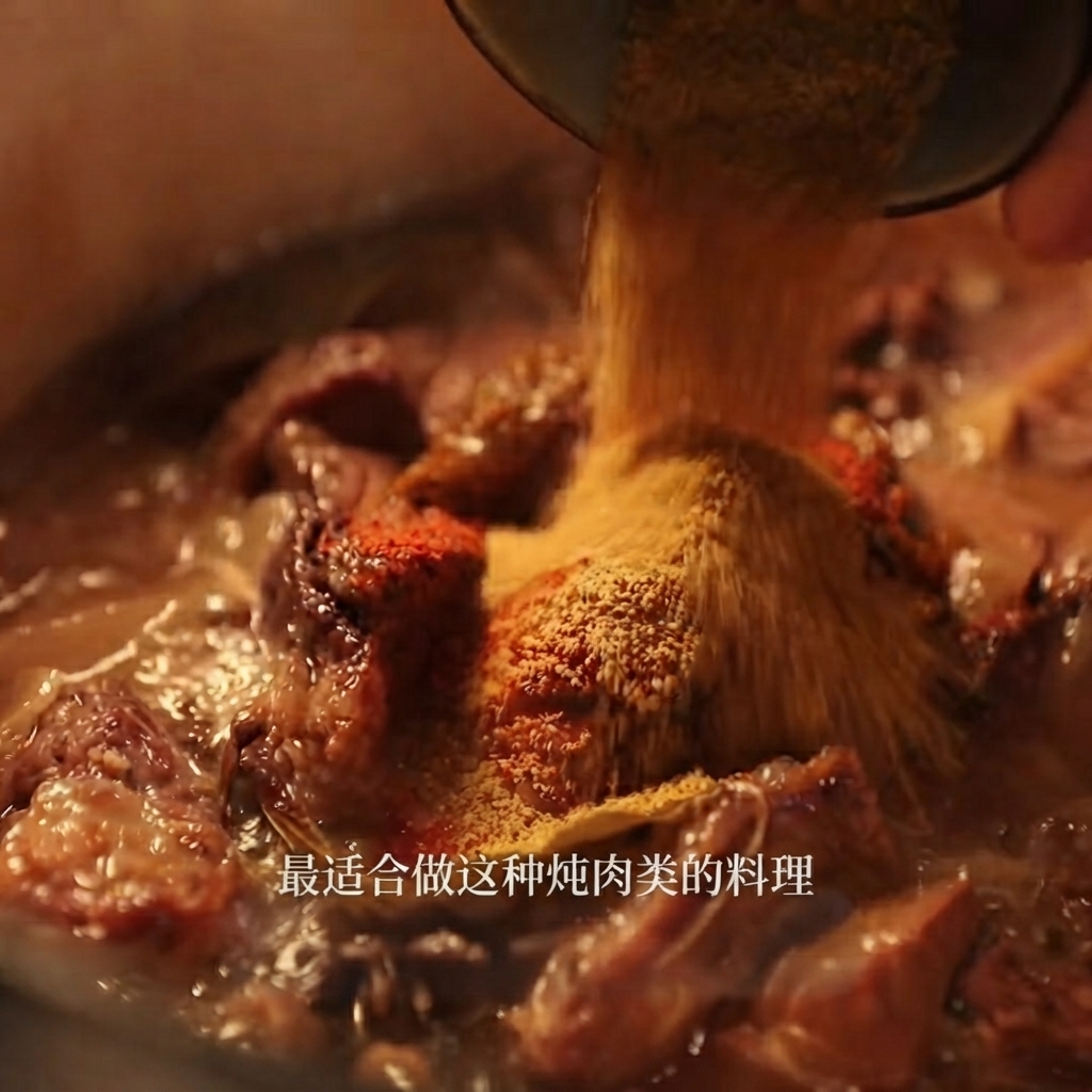 Proszek curry i chili w proszku wsypywane z małej miseczki do gulaszu.