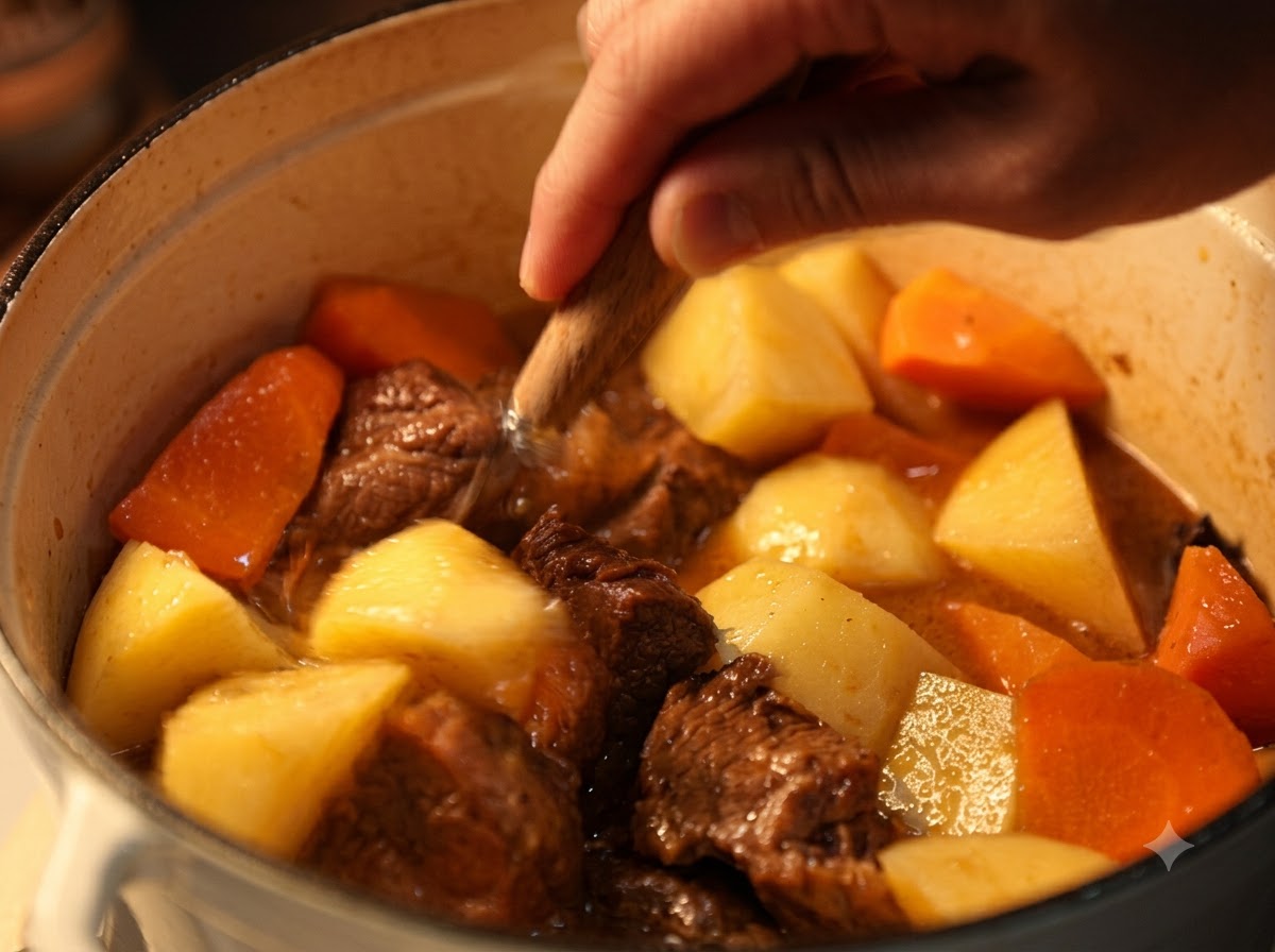 Osoba mieszająca duże kawałki marchwi i ziemniaków w garnku z curry wołowym.