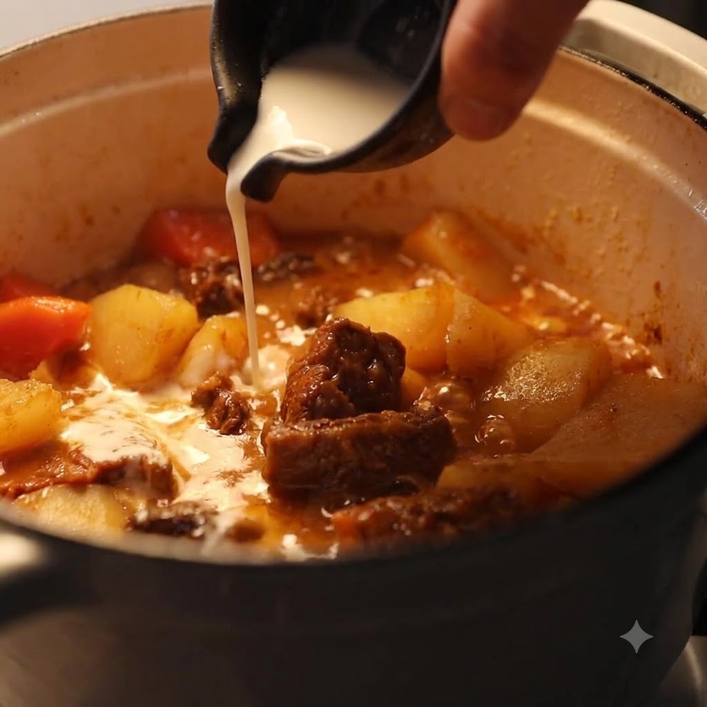 Biały krem kokosowy wlewany z małego ciemnego dzbanka do garnka z bulgoczącym curry.