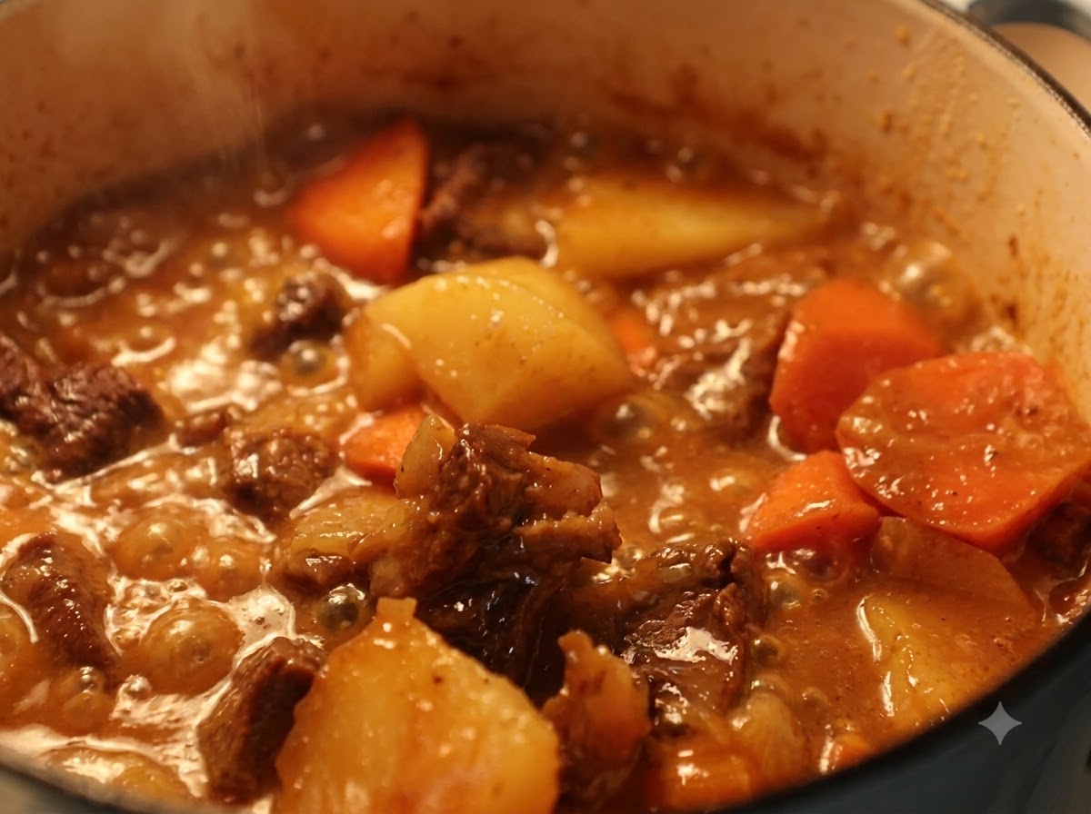 Bulgoczący garnek gęstego curry z wołowiną i warzywami gotujący się na kuchence.