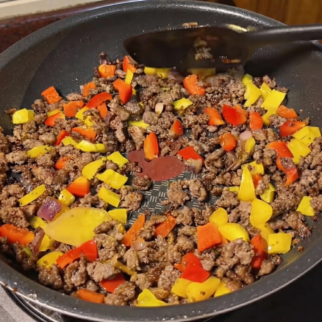 Żółty sos curry wlewany z pojemnika do głębokiej patelni wypełnionej mięsem i mieszanką warzyw.