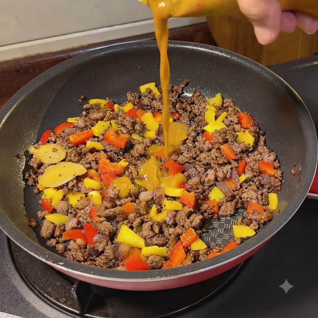 Gorąca woda wlewana z czajnika do patelni wypełnionej mięsem i składnikami curry.