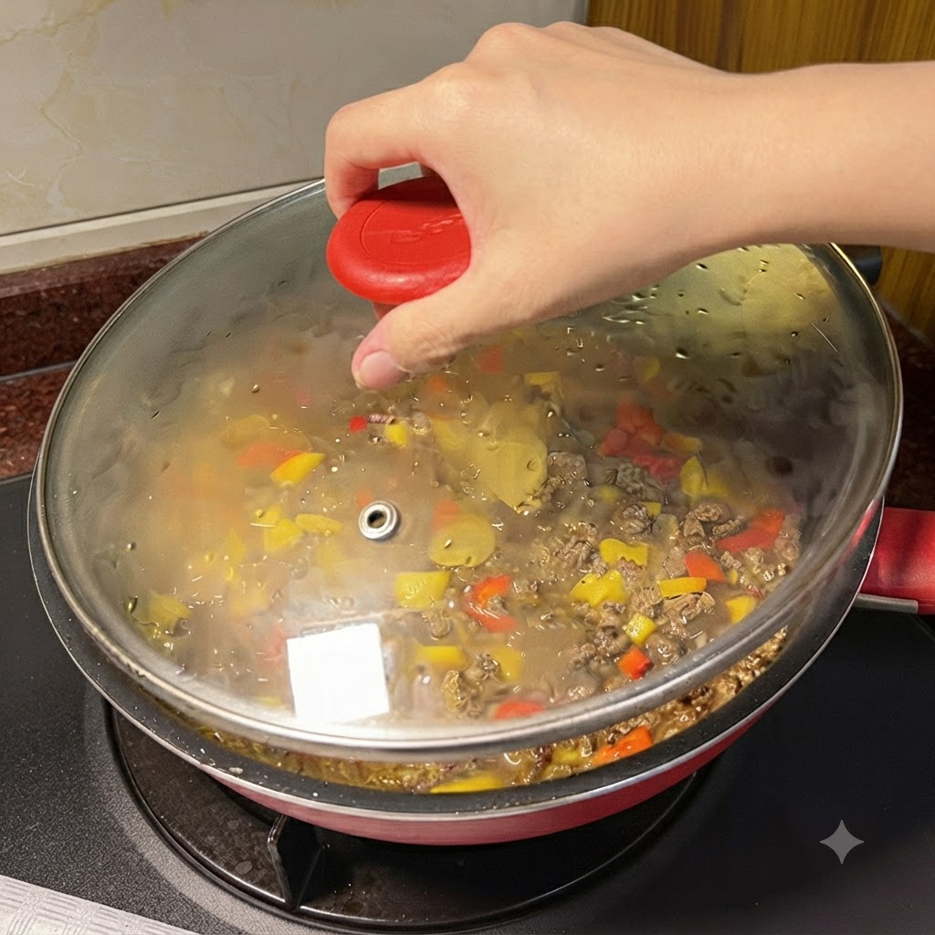 Plasterki sera układane na duszęcej się mieszance curry wołowego wewnątrz przykrytej patelni.