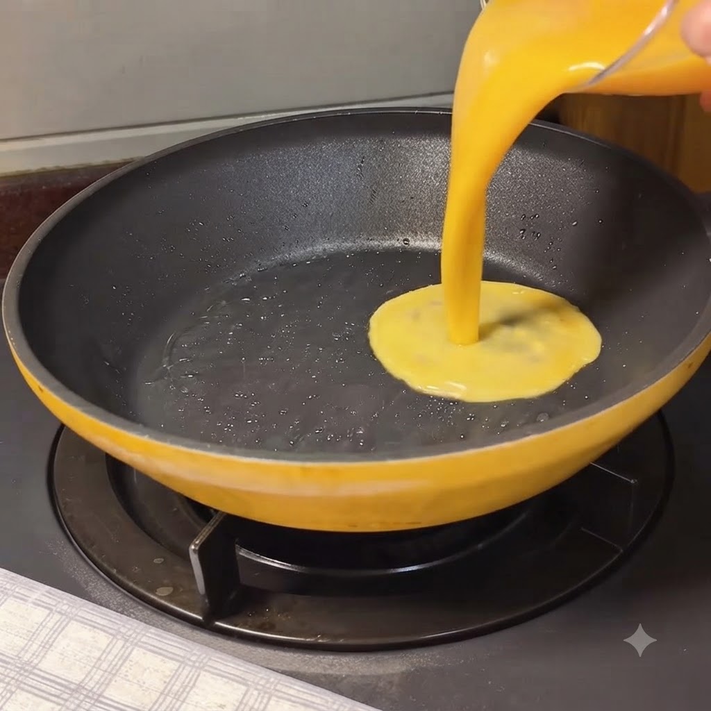 Roztrzepane jajka wlewane na rozgrzaną patelnię w celu utworzenia miękkiego omletu.