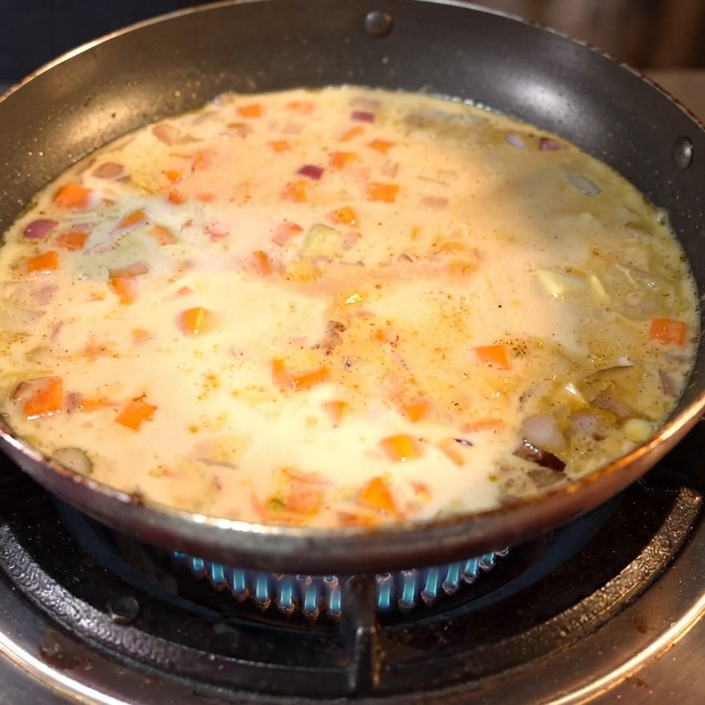 Kostki curry spoczywające w gotującym się płynie na patelni.