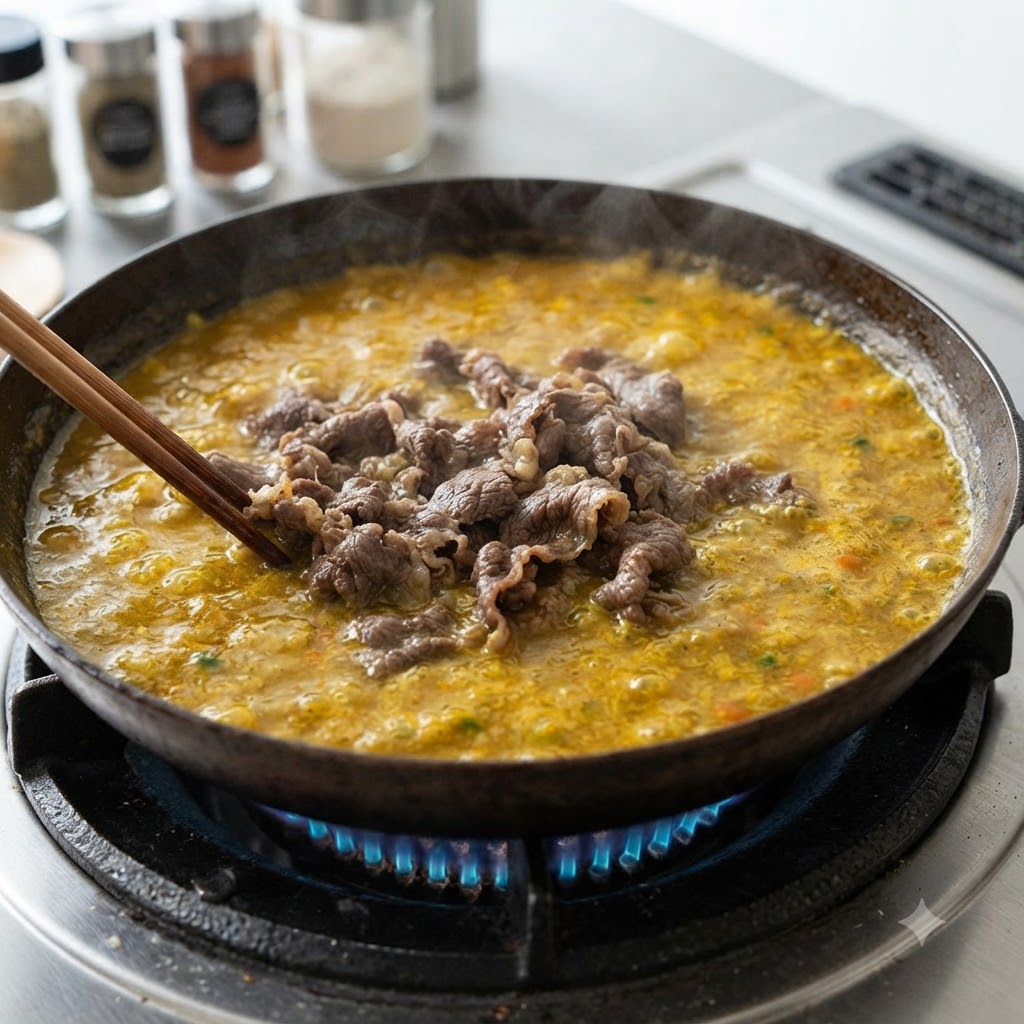 Plastry wołowiny mieszane pałeczkami w bulgoczącym żółtym sosie curry na patelni nad palnikiem.