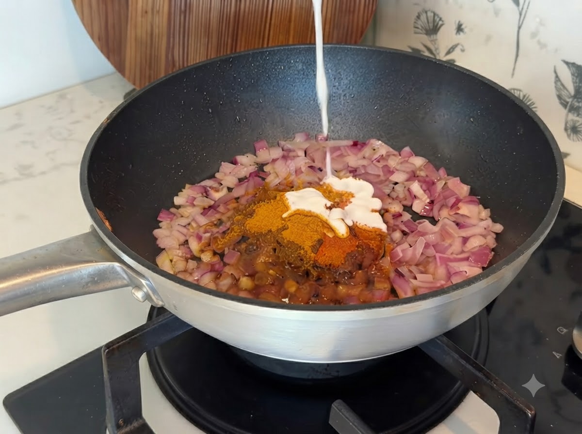 Mleczko kokosowe wlewane z góry na patelnię z przyprawami curry i cebulą.