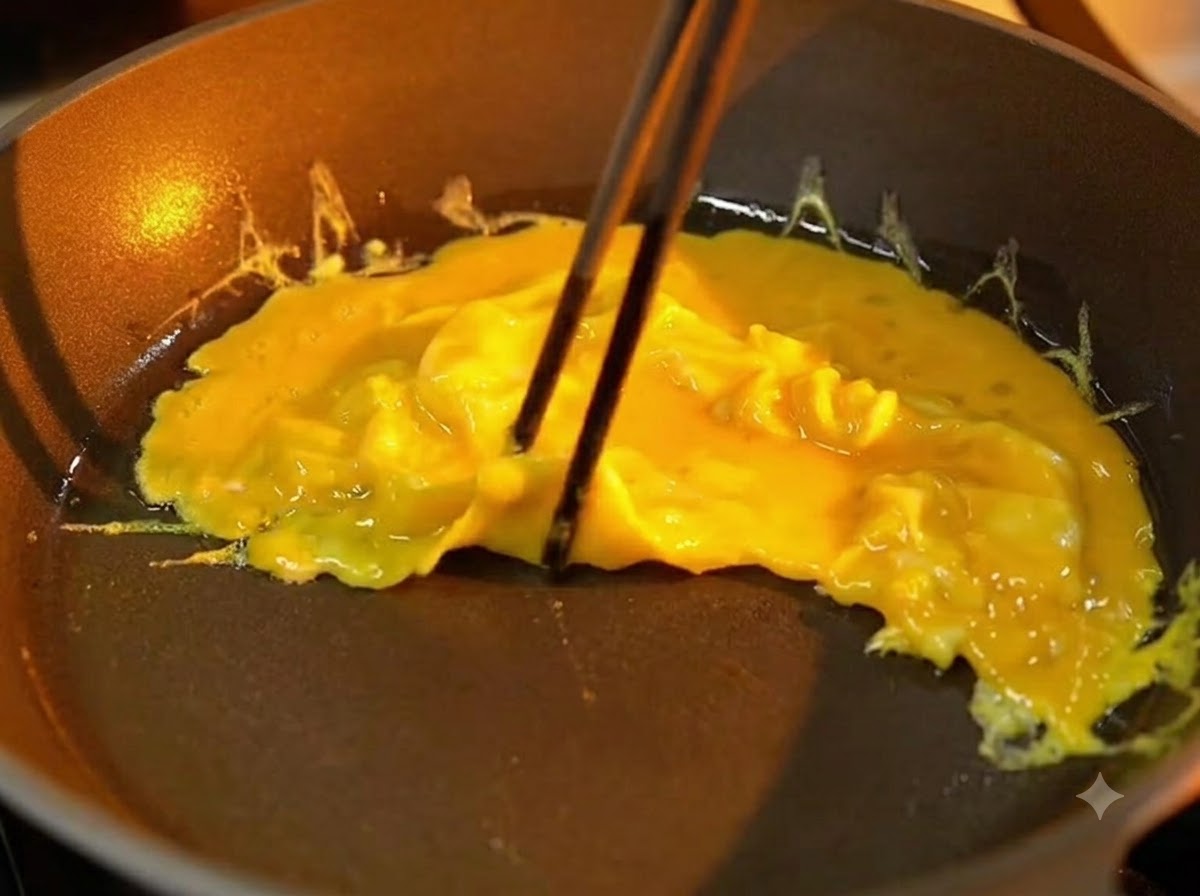 Pałeczki delikatnie zawijające miękki, półpłynny żółty omlet na patelni z powłoką nieprzywierającą.