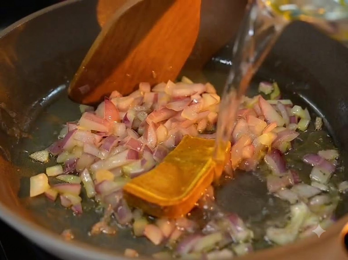 Wlewanie czystej wody ze szklanej miarki na gorącą patelnię z pokrojoną w kostkę czerwoną cebulą i kostką żółtej pasty curry.