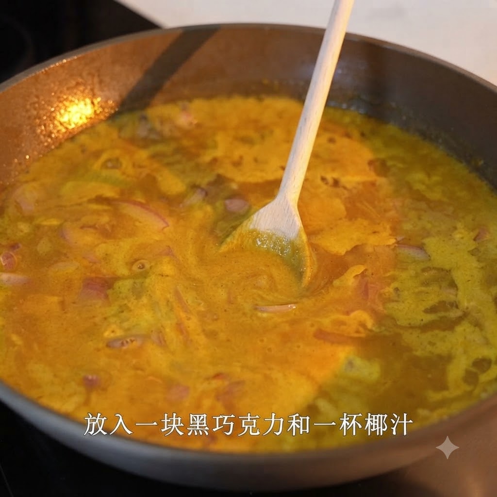 Drewniana łyżka mieszająca wolno gotujący się, żółty sos curry ze stopionymi kawałkami ciemnej czekolady na dużej patelni.