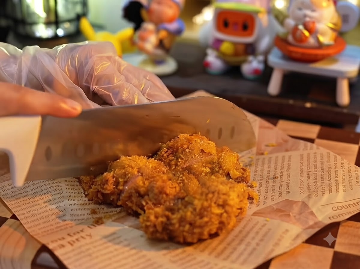 Dłoń w rękawiczce przytrzymująca złotobrązowy smażony kotlet, podczas gdy duży nóż kroi go w grube paski na papierze do pieczenia.