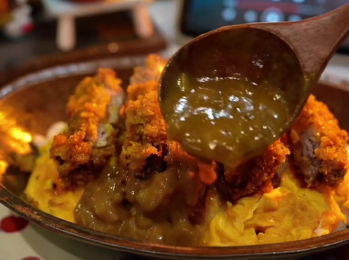 Drewniana łyżka wylewająca gęsty brązowy sos curry na porcję pokrojonego chrupiącego kotleta schabowego i delikatny omlet.