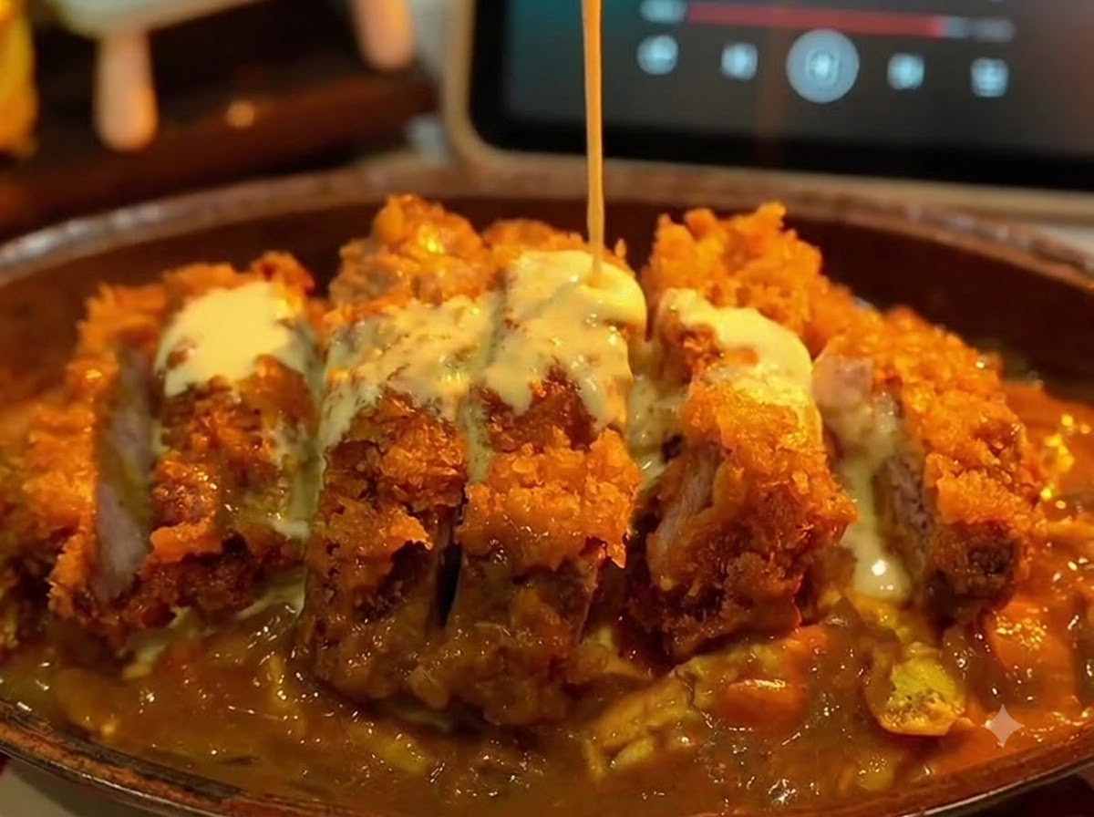 Strumień kremowego, białego sosu z sera i kokosa polewany na złożone danie z kotletem schabowym w curry.