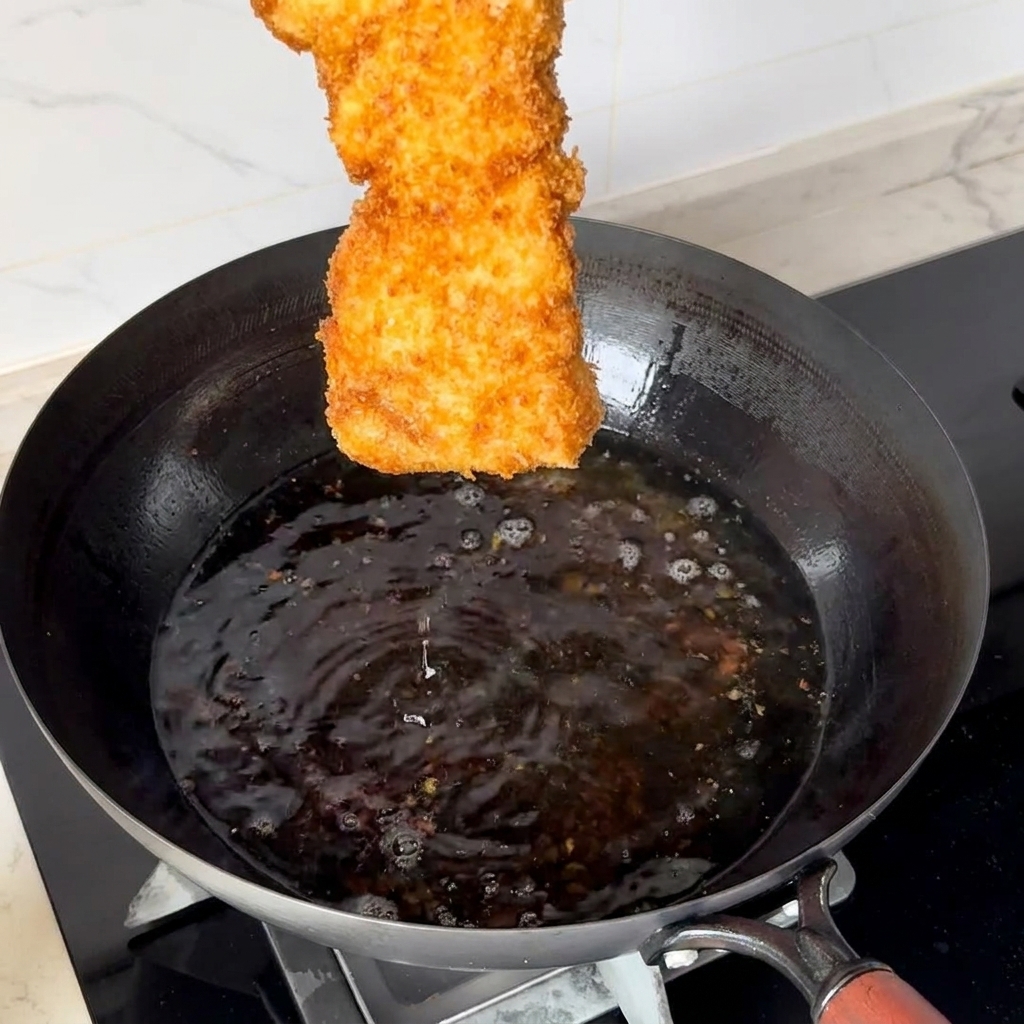 Panierowany i smażony w głębokim tłuszczu kotlet wieprzowy trzymany nad wokiem z gorącym olejem.