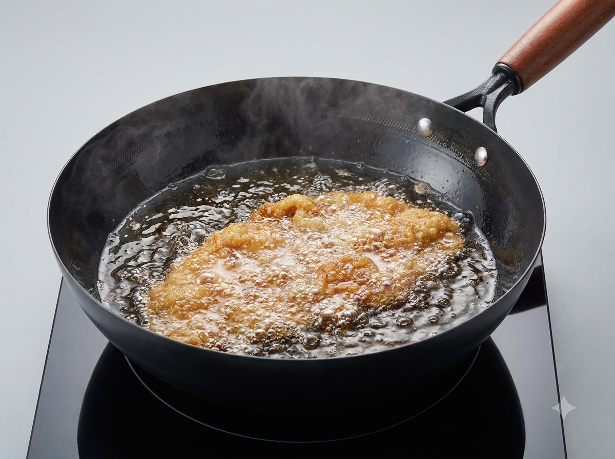 Panierowany kotlet wieprzowy smażący się w gorącym, bulgoczącym oleju w czarnym woku.
