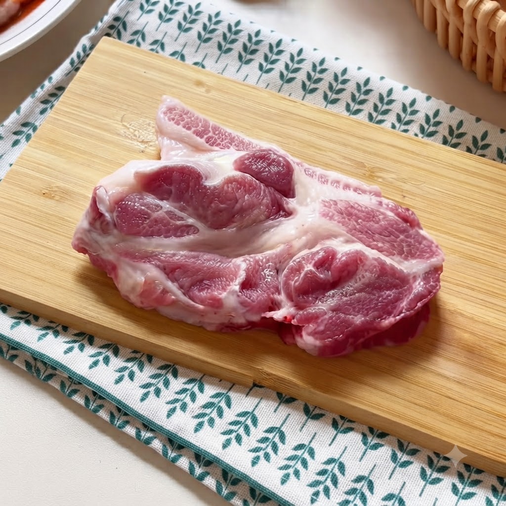 Surowy kotlet schabowy na drewnianej desce, rozbijany tłuczkiem do mięsa.