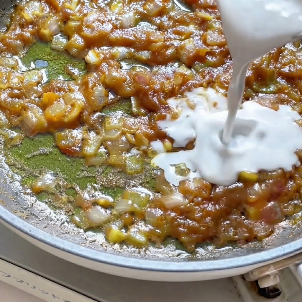 Mleko kokosowe wlewane z dzbanka na patelnię z rozpuszczającą się pastą curry.