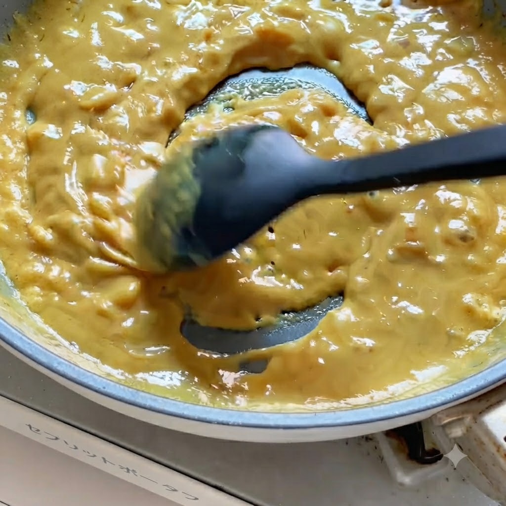 Czarna szpatułka mieszająca gęsty, kremowy żółty sos curry na patelni.