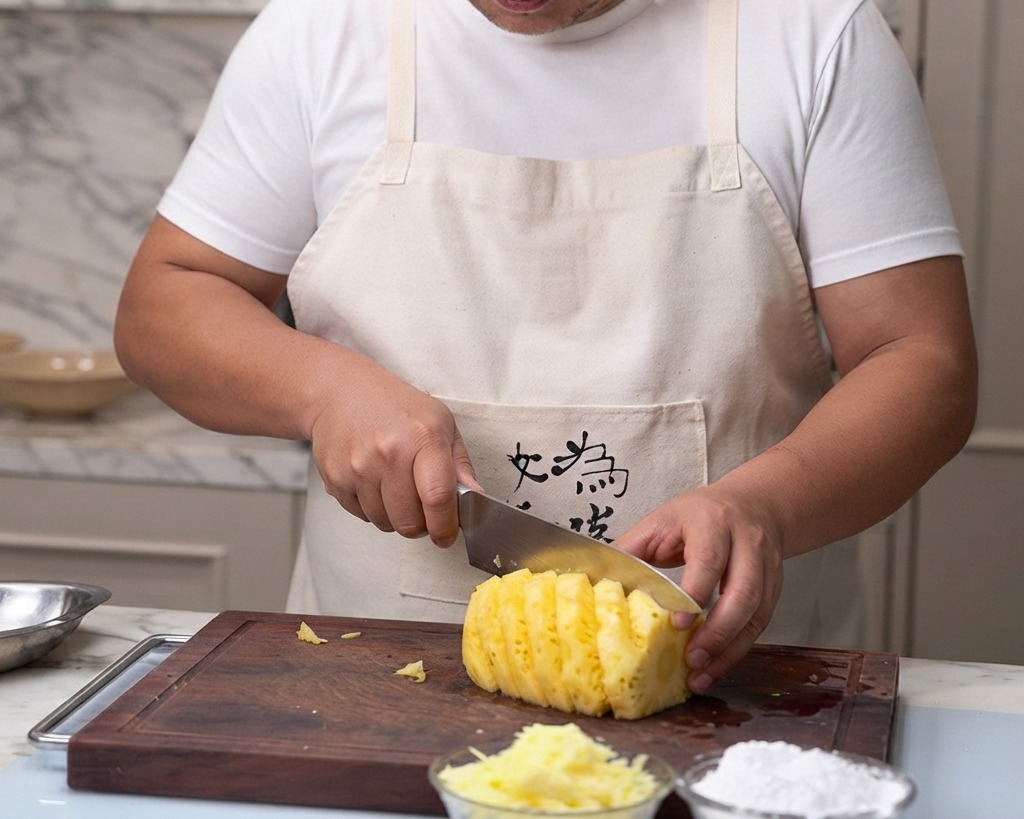 Osoba krojąca obrany świeży ananas na kawałki na desce do krojenia.