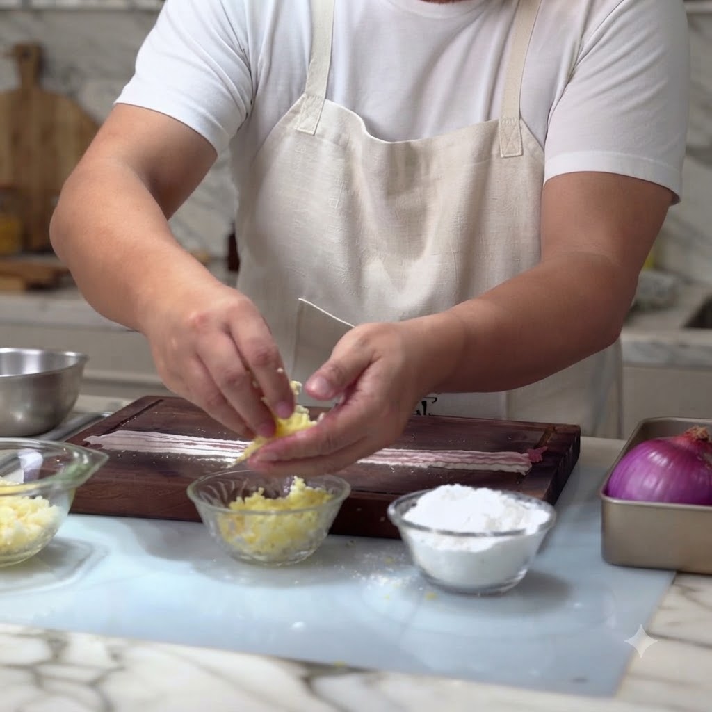 Mała skompresowana kulka startego sera mozzarella umieszczana na końcu plastrów boczku na desce.
