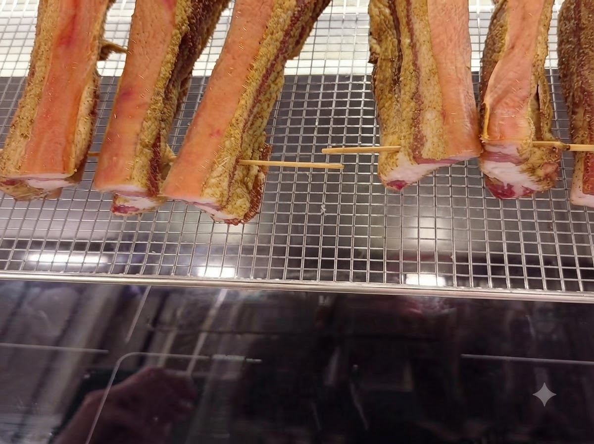 Paski boczku zabezpieczone wykałaczkami z drewna, leżące schludnie na drucianej siatce do pieczenia.