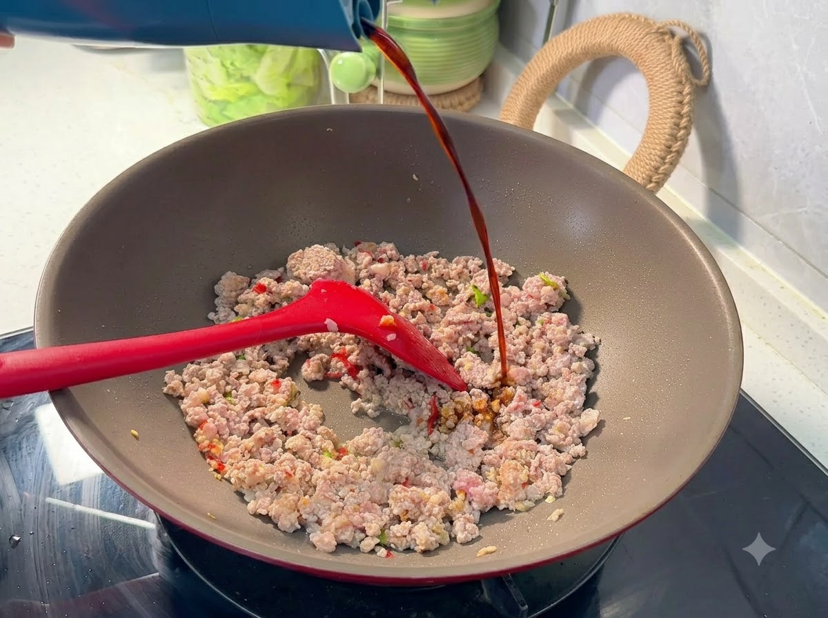 Ciemny sos sojowy wlewany z butelki do woka wypełnionego doprawionym mielonym mięsem.