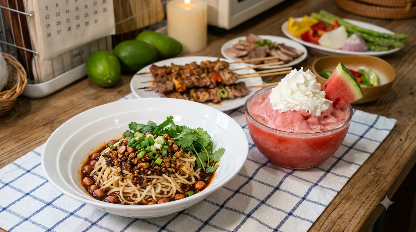 Miska pikantnego makaronu ryżowego z mielonym mięsem obok różowego slushie arbużowego z bitą śmietaną, w towarzystwie grillowanego boczku i świeżych warzyw.