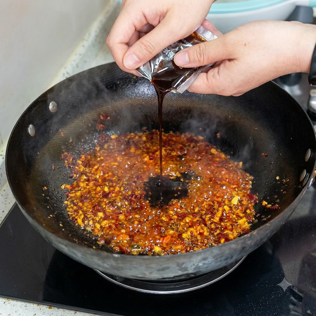 Słodka pasta fasolowa wylewana z saszetki do skwierczącej mieszaniny chili i oleju w czarnym woku.