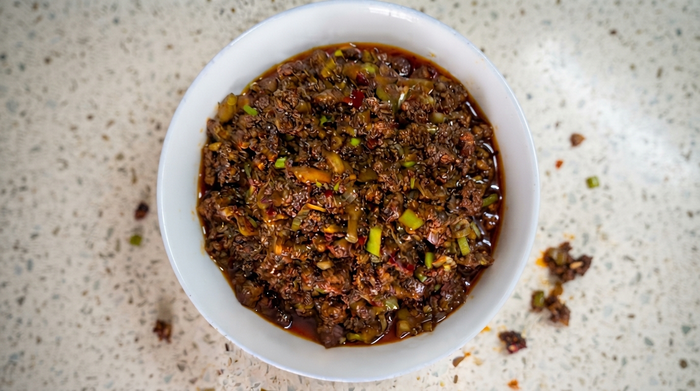 Bogaty, ciemnobrązowy sos mięsny lśniący w oleju chili i udekorowany zieloną cebulką