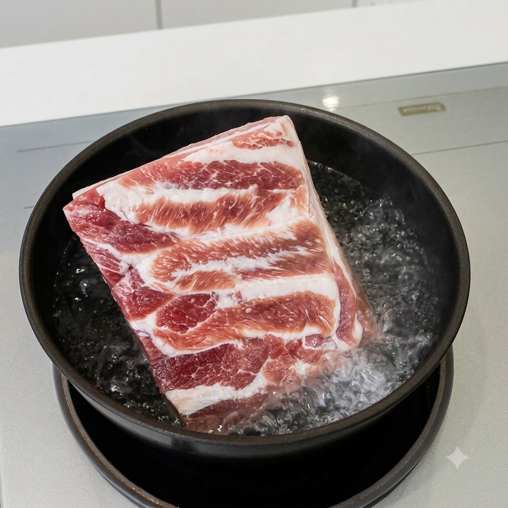 Surowy kwadratowy kawałek boczku gotujący się w płytkim czarnym garnku wypełnionym bulgoczącą wodą.