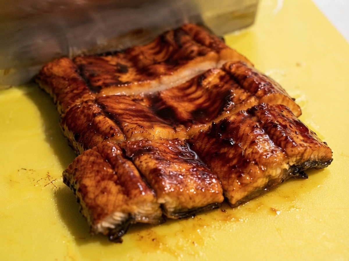 Nóż krojący glazurowanego grillowanego węgorza na mniejsze porcje na zielonej desce do krojenia.