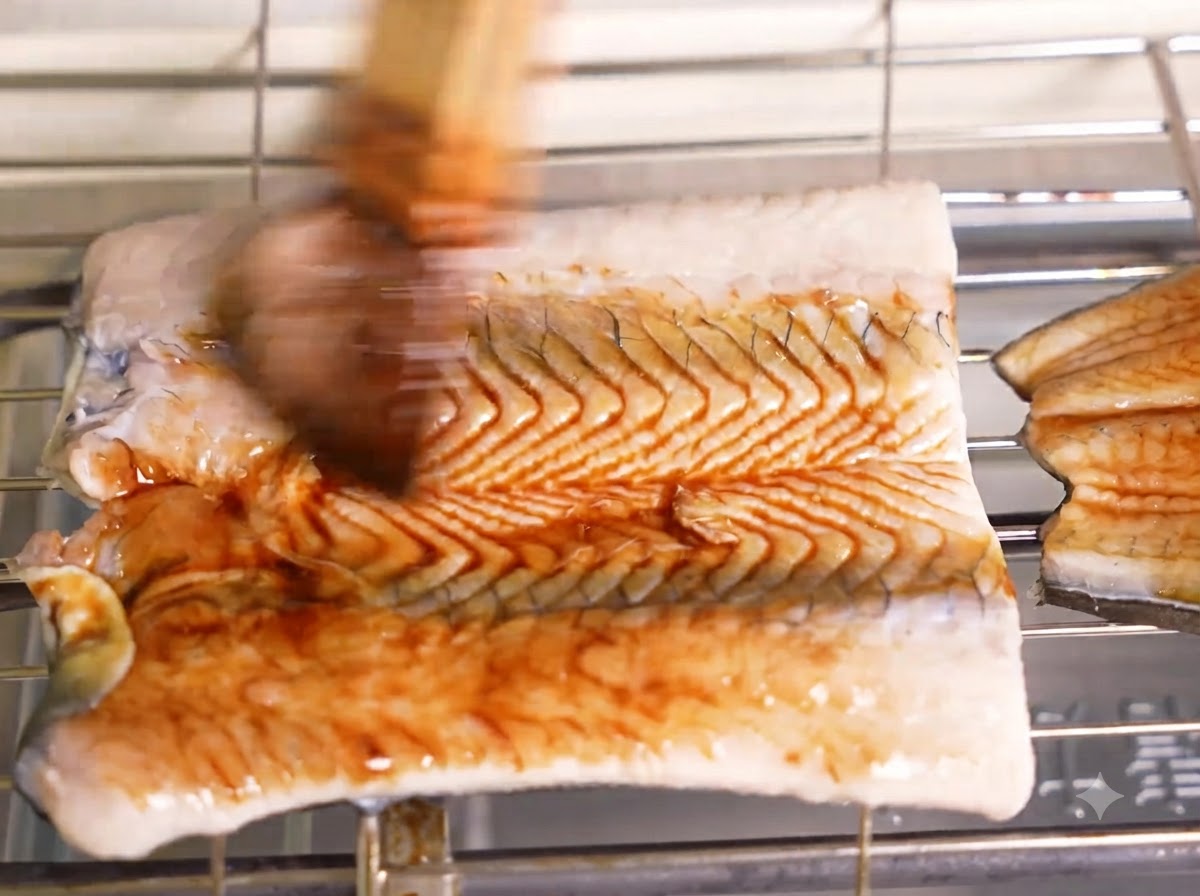 Pędzel kuchenny nakładający ciemną, lśniącą glazurę na grillowany kawałek węgorza na metalowym ruszcie.