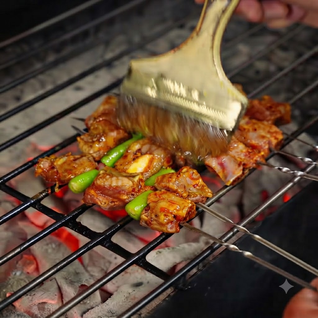 Szeroki pędzel nakładający olej na szaszłyki z mięsa i papryki gotujące się na grillu węglowym.
