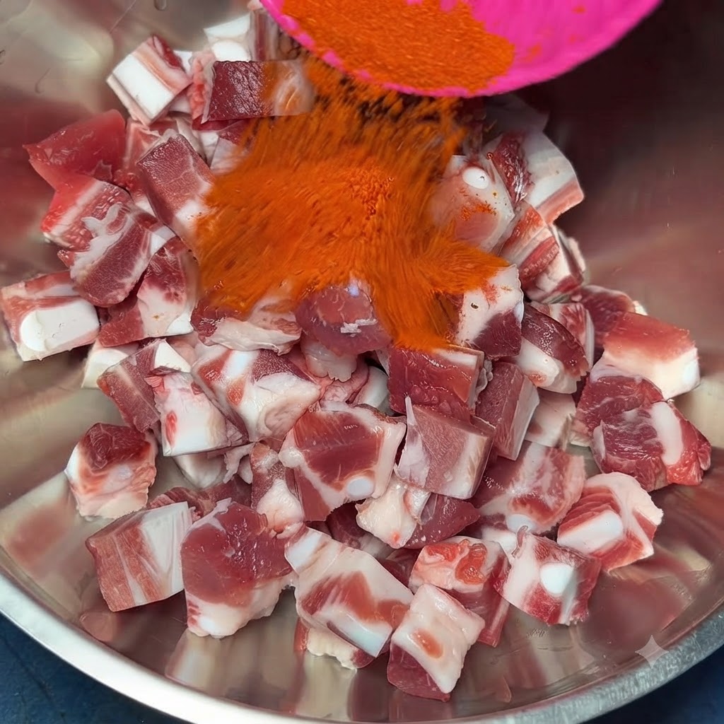 Czerwone chili w proszku wsypywane różową łyżeczką do metalowej miski wypełnionej pokrojoną w kostkę wieprzowiną.