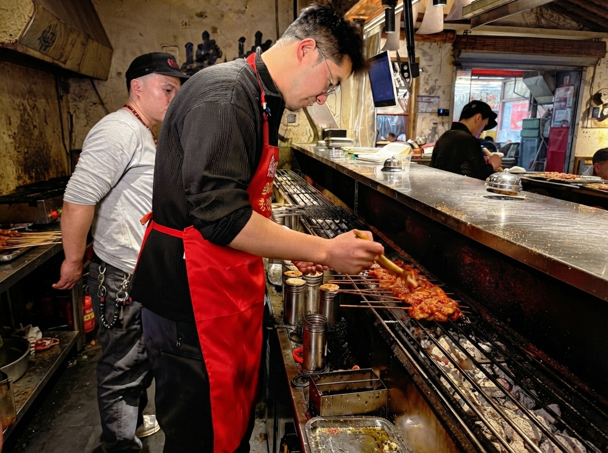Olej smarowany na grillowanych szaszłykach z żeberek wieprzowych nad gorącym grillem węglowym.