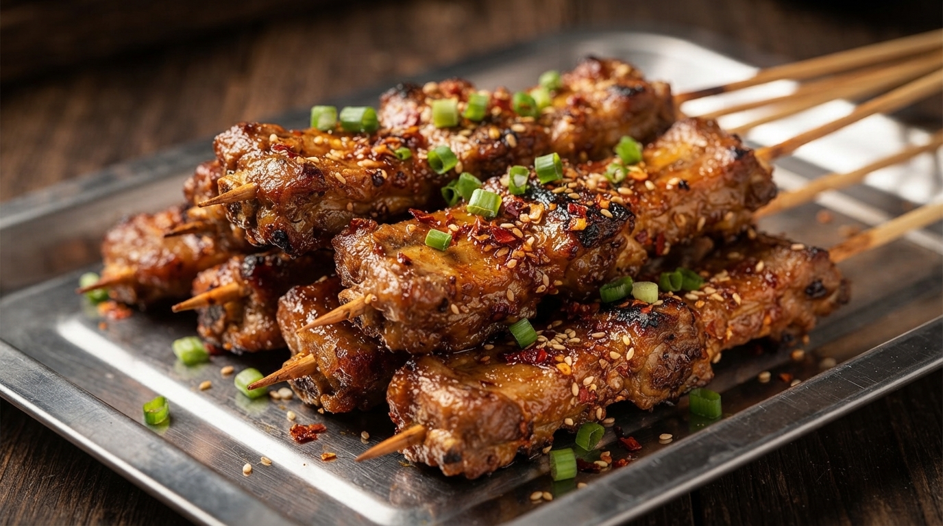 Zbliżenie na świeżo grillowane żeberka wieprzowe na drewnianych szaszłykach, posypane posiekaną zieloną cebulką, ziarnami sezamu i płatkami chili.
