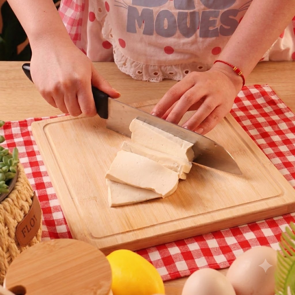 Blok tofu krojony na grube plastre na drewnianej desce do krojenia za pomocą noża szefa kuchni.